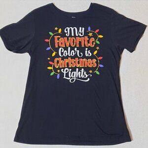 Shiny Christmas Lights Tee Womens Medium, Black Christmas Tee Casual Holiday EUC